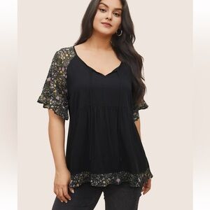 BloomChic Ditsy Floral Patchwork Ties Flutter Sleeve Blouse